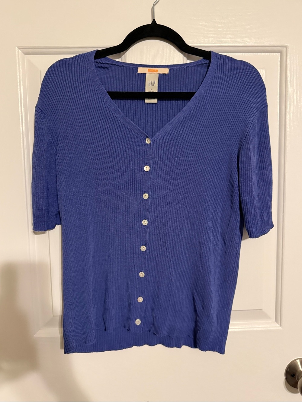 Vintage GAP 100% Pure Silk Ribbed Short Sleeve Cardigan Top Large Blue 90s